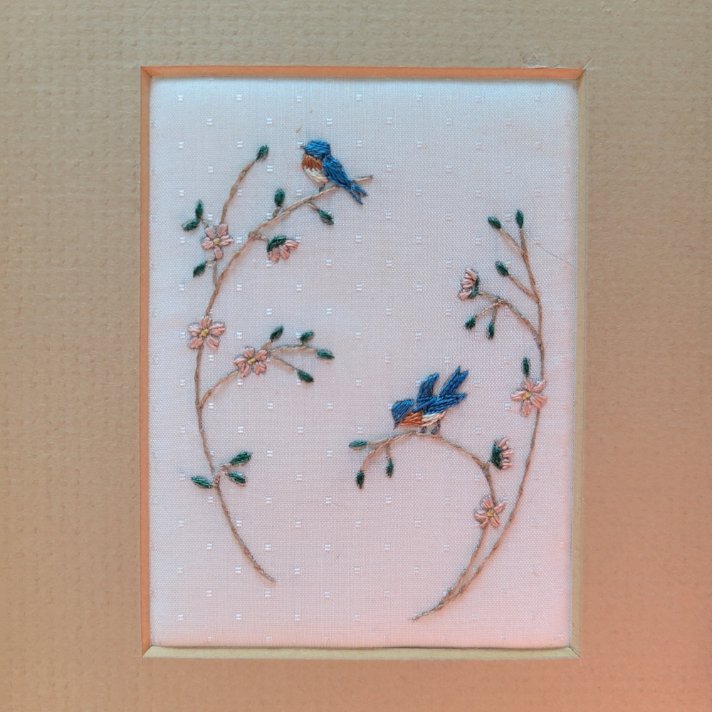 Hand Embroidered Vintage Blue Bird Wall Art - Set of 2 - Picture 4 of 11